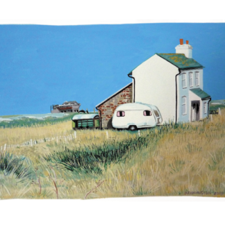 Before a bright blue sky backdrop, there is a single white two storey house and a small white caravan trailer parked beside it. Long beach grass foregrounds the image. Sand dunes make a horizontal line behind the building.