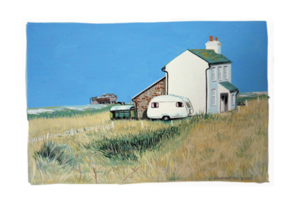 Before a bright blue sky backdrop, there is a single white two storey house and a small white caravan trailer parked beside it. Long beach grass foregrounds the image. Sand dunes make a horizontal line behind the building.