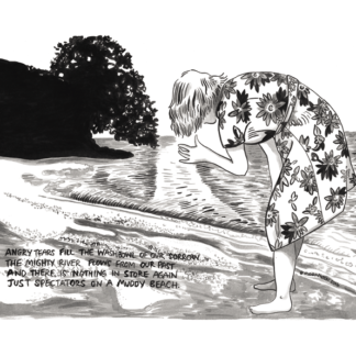 Black and white print of a drawing in ink and brush. A barefoot women stands in a summer frock at the waters edge a gentle beach, head down, back to the viewer. She is affected by some sort of spell.