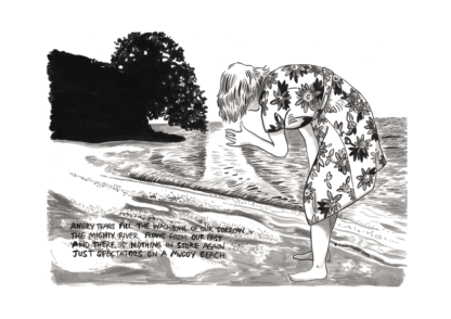 Black and white print of a drawing in ink and brush. A barefoot women stands in a summer frock at the waters edge a gentle beach, head down, back to the viewer. She is affected by some sort of spell.